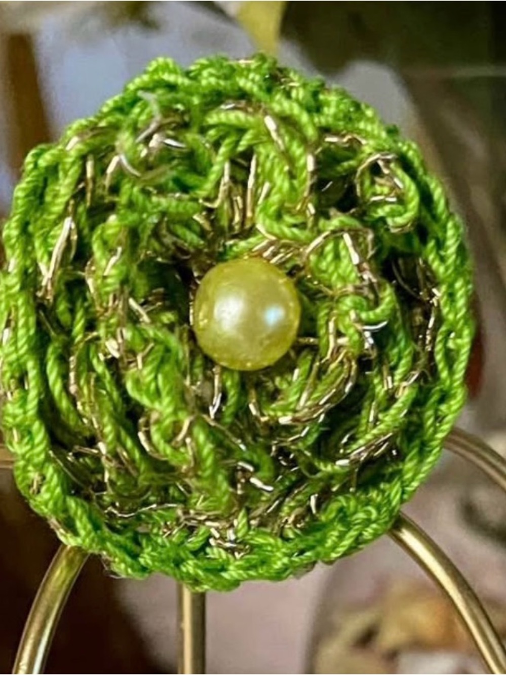 Green Crochet Flower Ring with Gold Thread and Pearl Accent